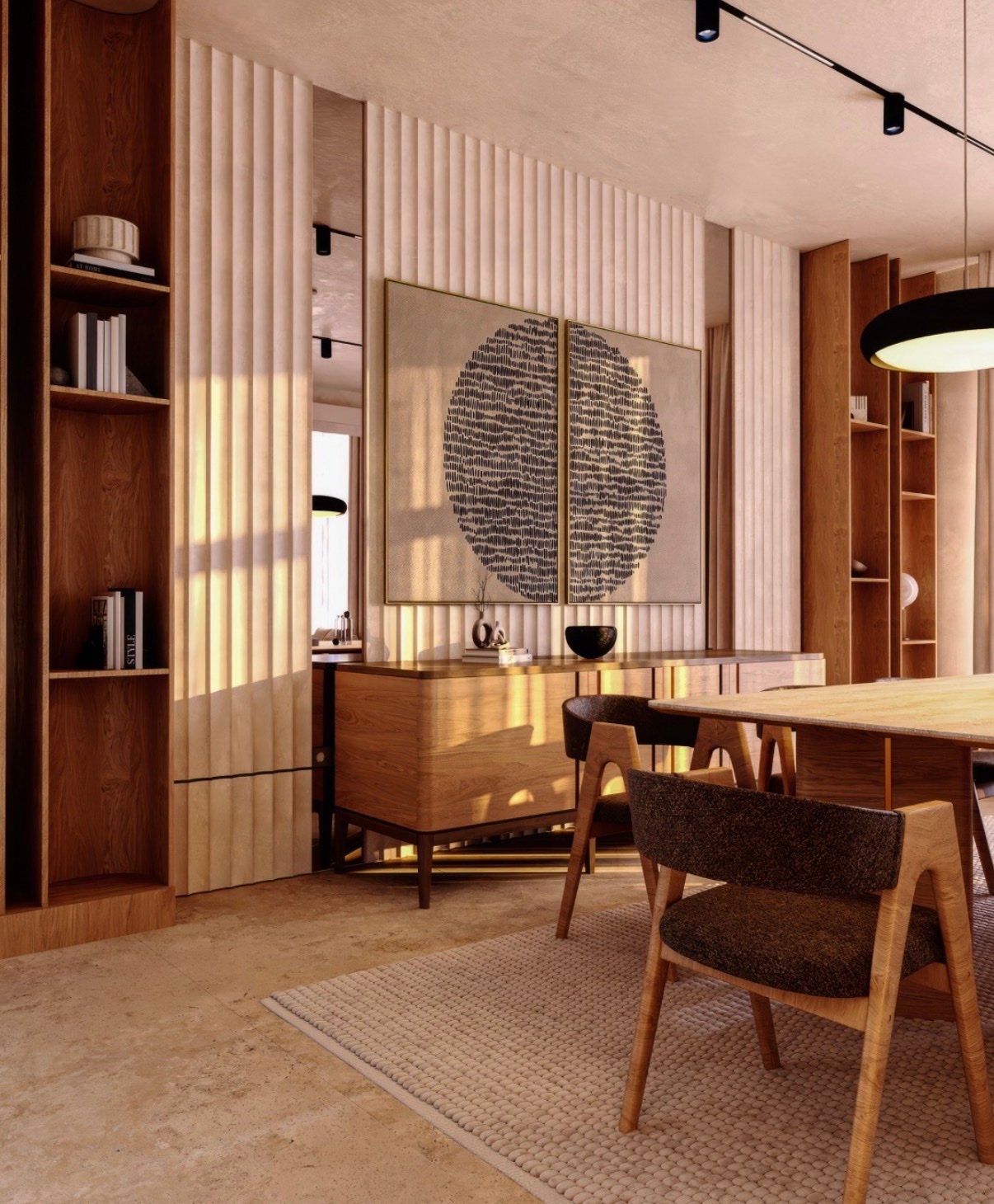 Sala de jantar com aparador em madeira, estantes e painéis sob medida